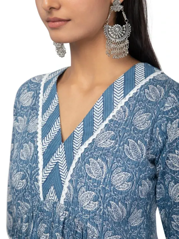 Blue Cotton V-Neck Kurta With Matching Pants 6