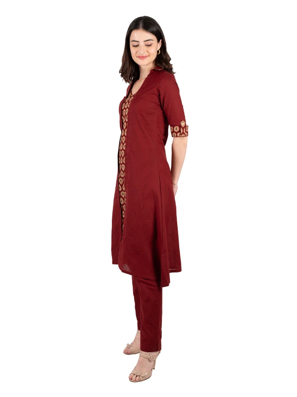 Maroon Cotton A-Line Kurta Pant Set 5