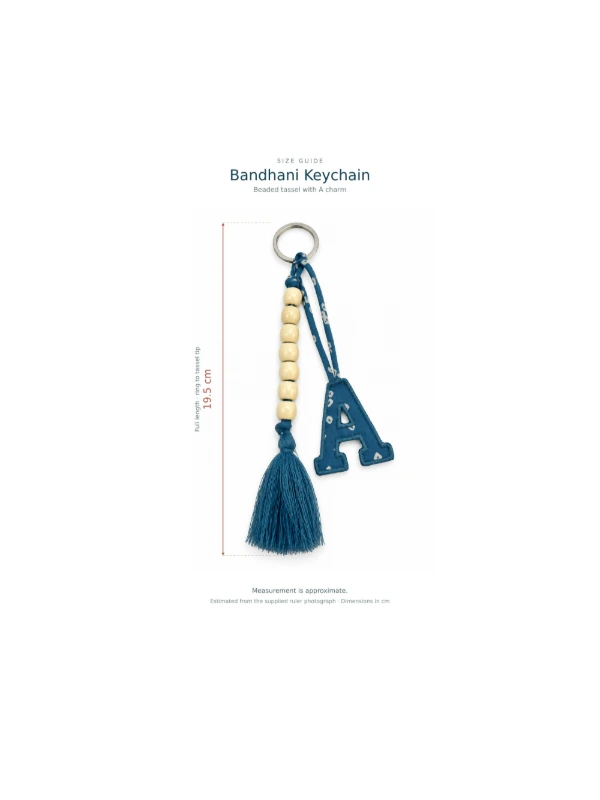 Blue Bandhani Customizable Letter Keychain With Beads and Tassels 3