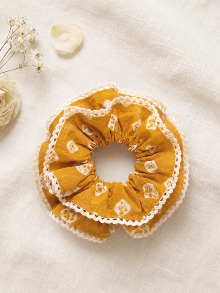 Yellow Bandhani Printed Double Layer Scrunchies