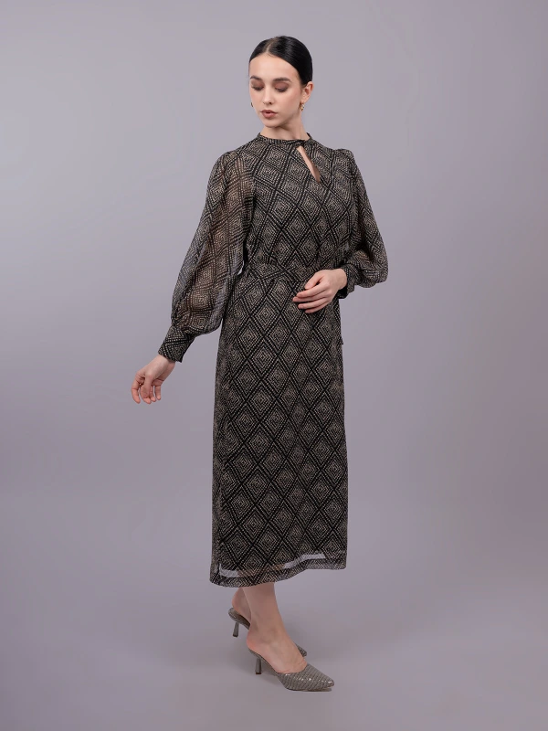 Black Formal Balloon Sleeve Long Straight-Fit Dress 4