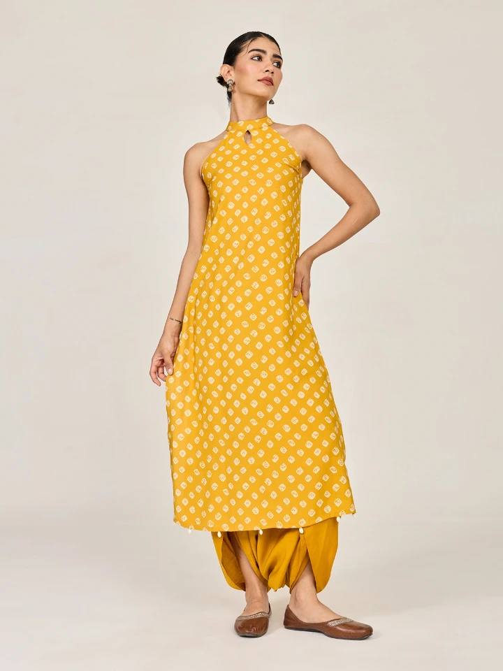 Yellow Bandhani Printed A-line Long Kurta
