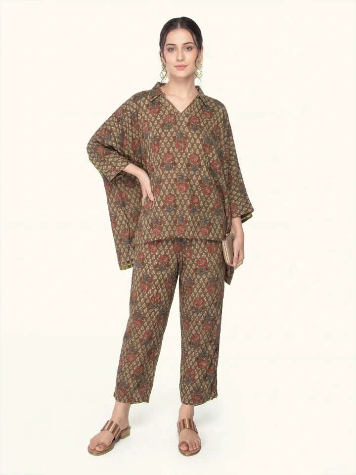 Green Viscose Shirt-Style Kaftan Coord Set