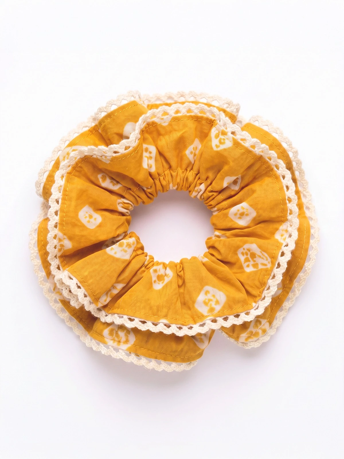 Yellow Bandhani Printed Double Layer Scrunchies thumbnail 4