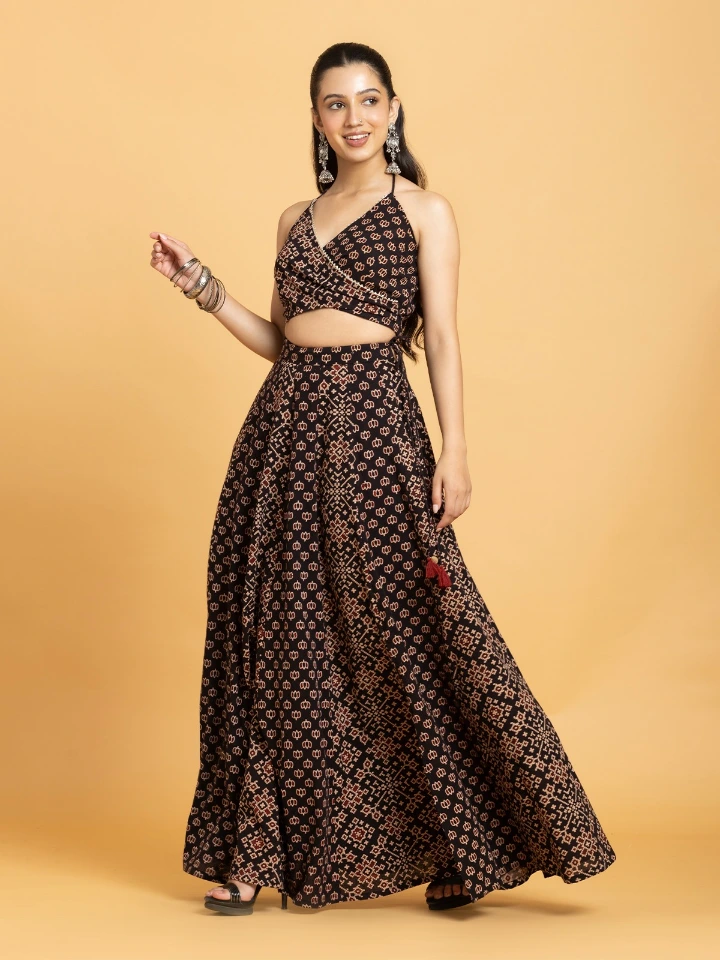 Black Ajrakh Wrap Halter Top & Flared Maxi Skirt Lehenga Set