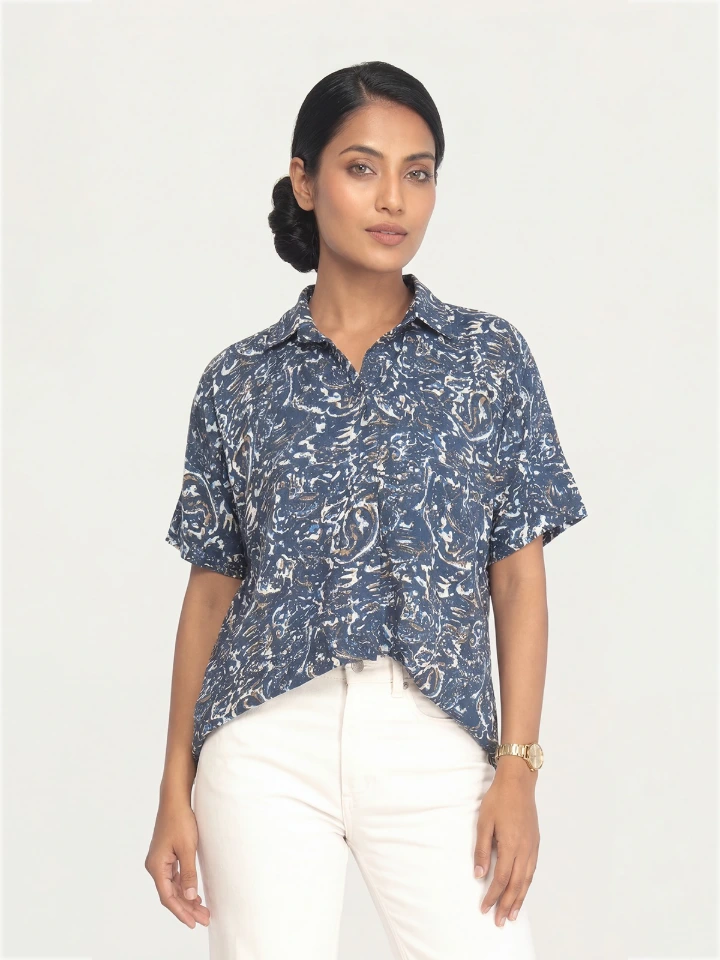 Blue Viscose Oversized Shirt With Abstract Print