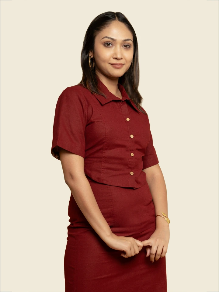 Maroon Solid Cotton Crop Shirt