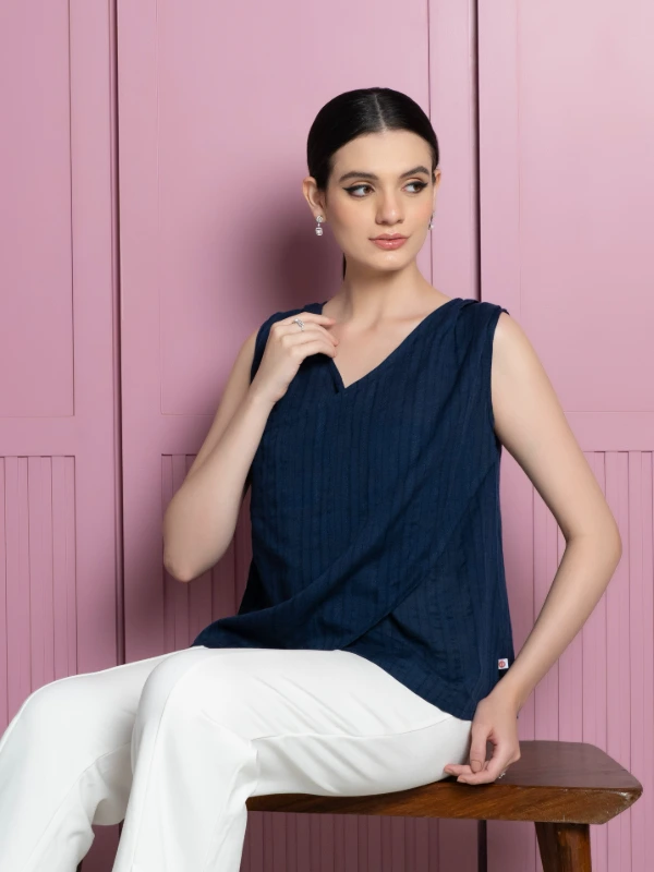 Blue Wrap-Style Loose Fit Top For Women 2