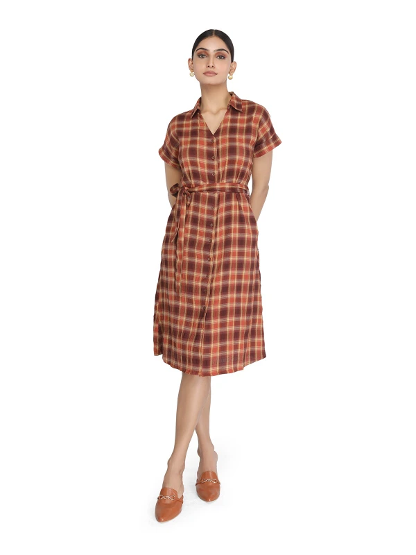 Brown Shirt Dress With Checked Pattern 1
