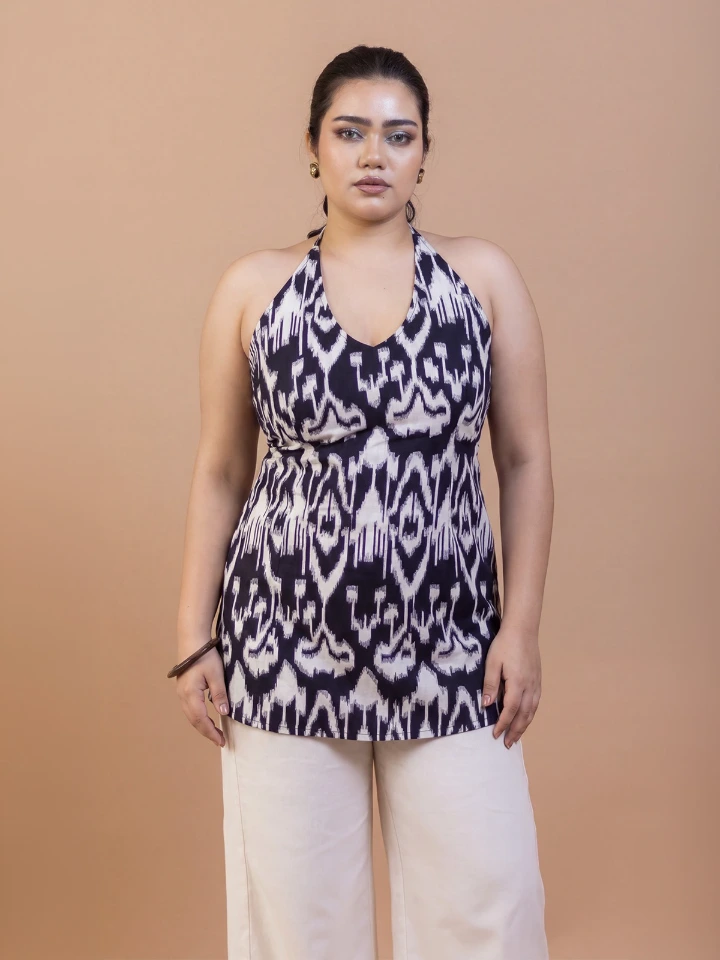 Black Ikat Cotton Halter Neck Kurti