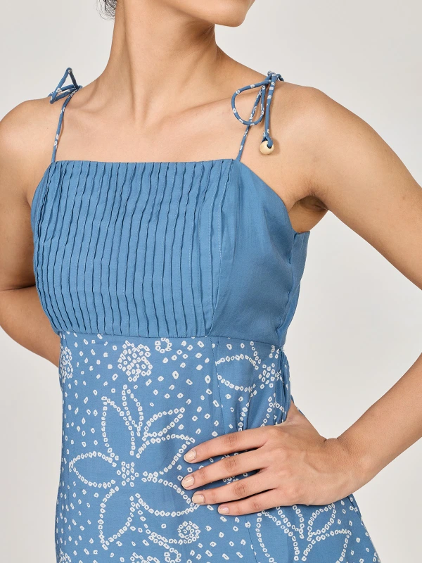 Blue Pin-Tuck Detail Straight-Cut Dress With Printed Panel 4