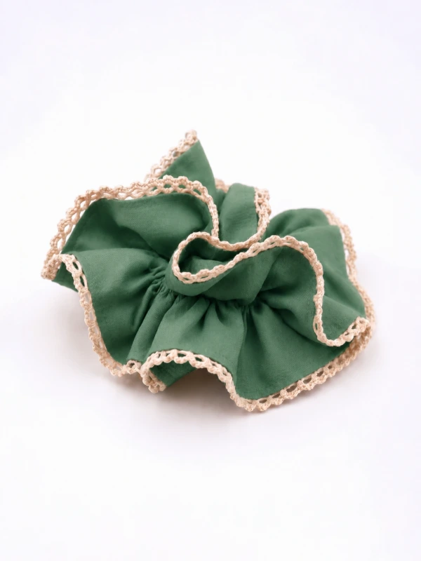 Green Double Layer Scrunchie With Lace Trim 3