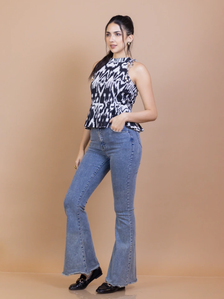 Black Ikat Cotton Peplum Top