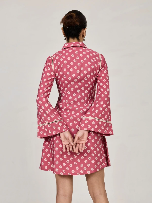 Pink Bandhani Printed Wrap Dress With Bell Sleeves 3