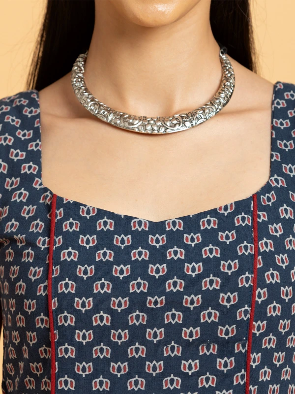 Navy Blue Ajrakh Printed Convertible Fit-and-Flare Dress 5