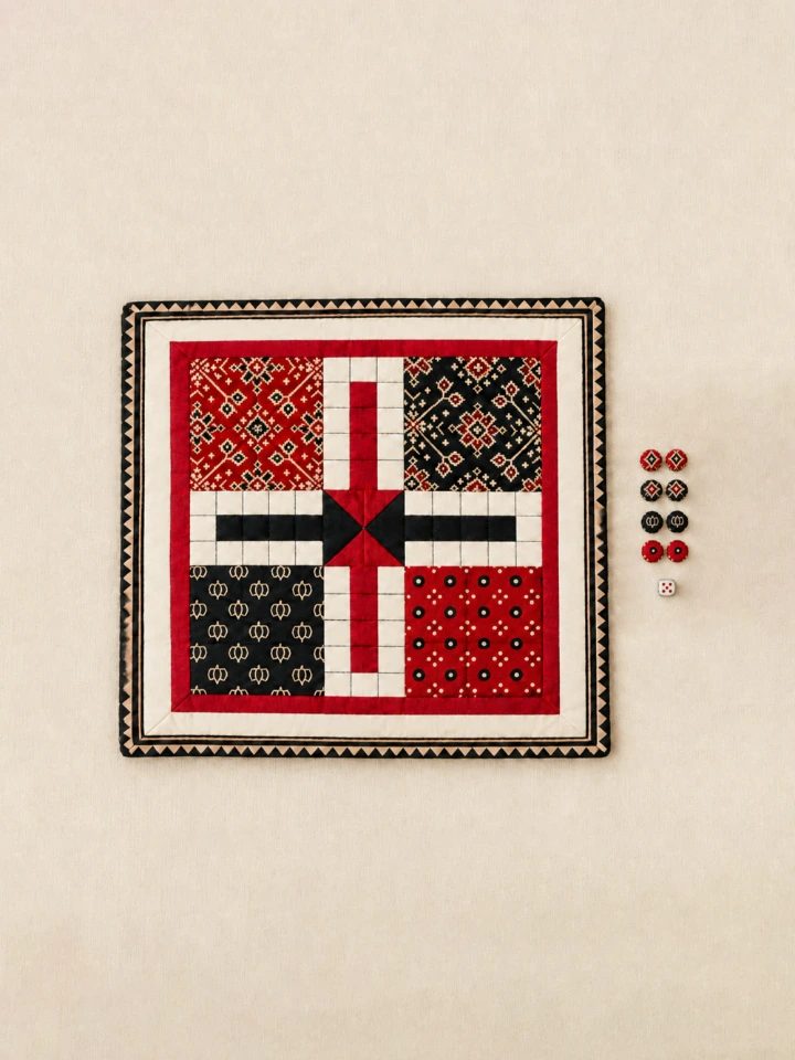 Maroon Colored Ajrakh Printed Fabric Ludo Board Game