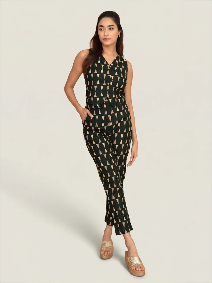 Green Printed Waistcoat And Trousers Cotton Co-Ords