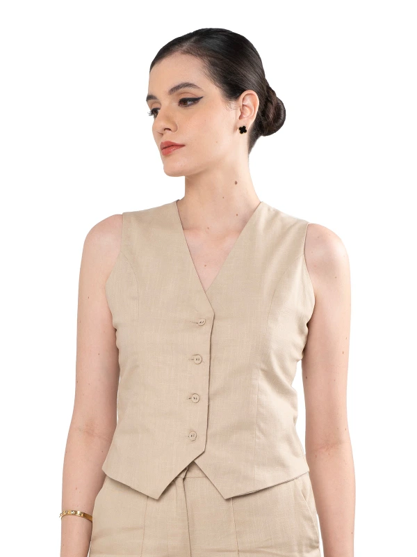 Beige Linen Blend Waistcoat For Formal Wear 1