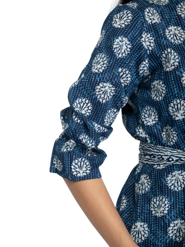 Blue printed cotton co-ord set for women with belt 4