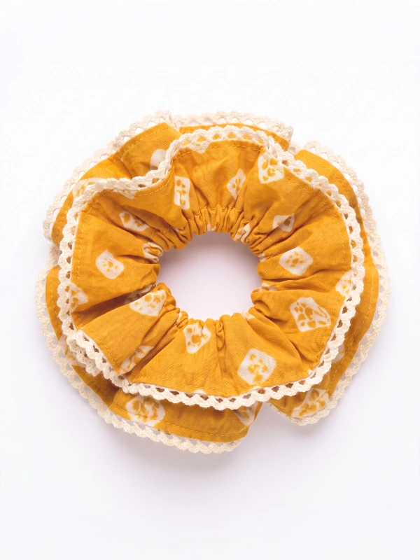 Yellow Bandhani Printed Double Layer Scrunchies 3
