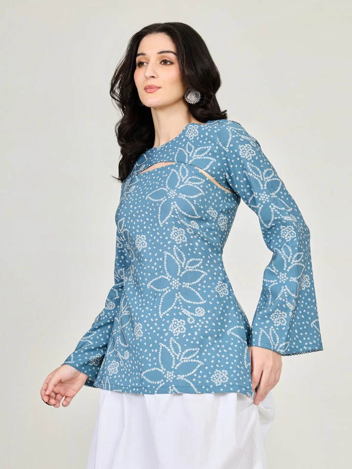 Blue Bandhani Printed Detachable Sleeve Kurti and Scarf