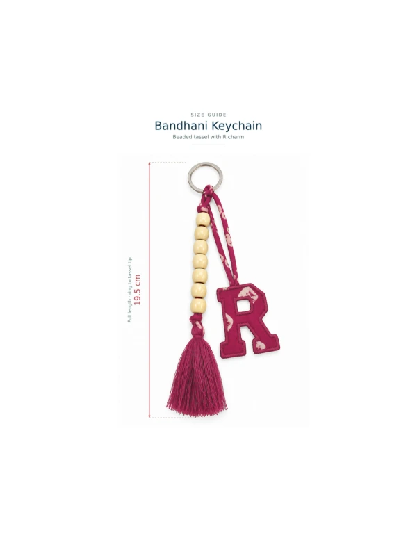 Pink Bandhani Customizable Letter Keychain With Beads and Tassels 3
