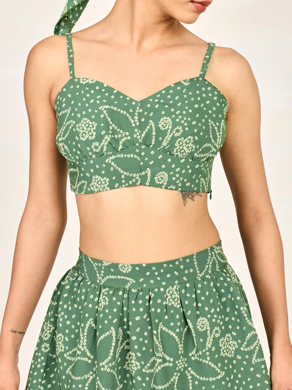 Green Bandhani Printed Crop Top & Tiered Prairie Skirt Co-Ord Set 3