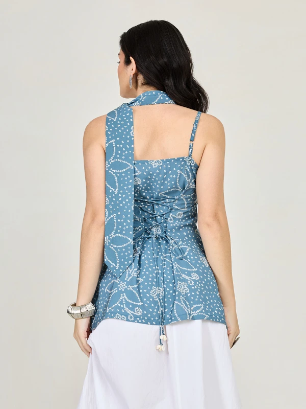 Blue Bandhani Printed Detachable Sleeve Kurti and Scarf 5