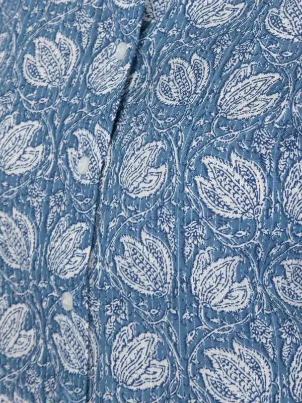 Blue Cotton Floral Crop Shirt With Stand Collar 6