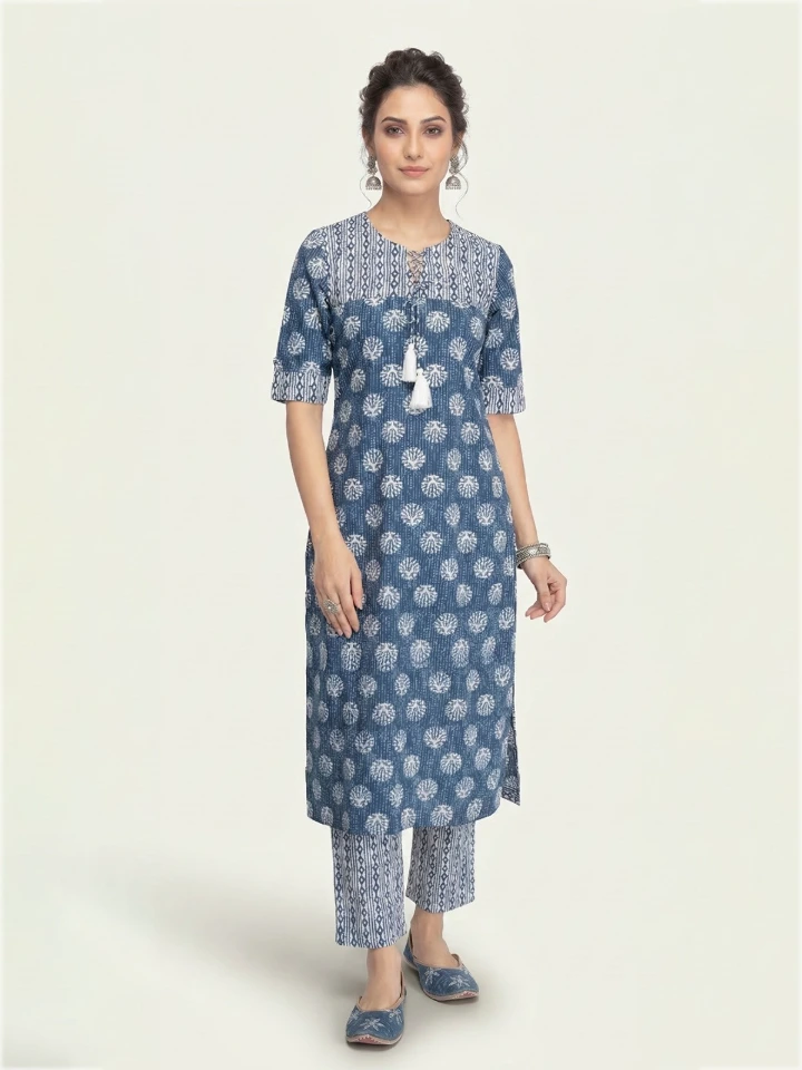 Indigo Cotton Printed Kurta With Yoke Detail And Pants