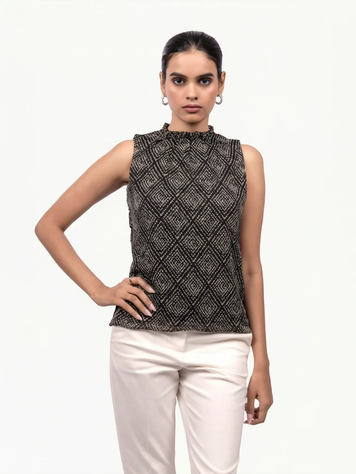 Black Printed High Neck Sleeveless Formal Top