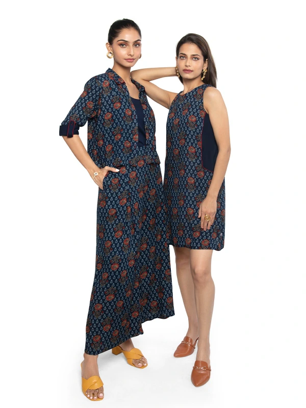 Blue Viscose 3-Piece Set With Floral Shirt, Inner, And Pants 4