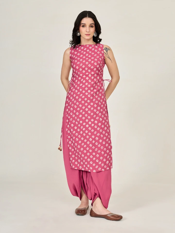 Pink Bandhani Printed Long Kurta