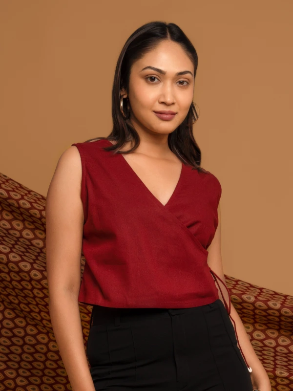Maroon V-Neck Cotton Crop Top With Sleek Fit 1