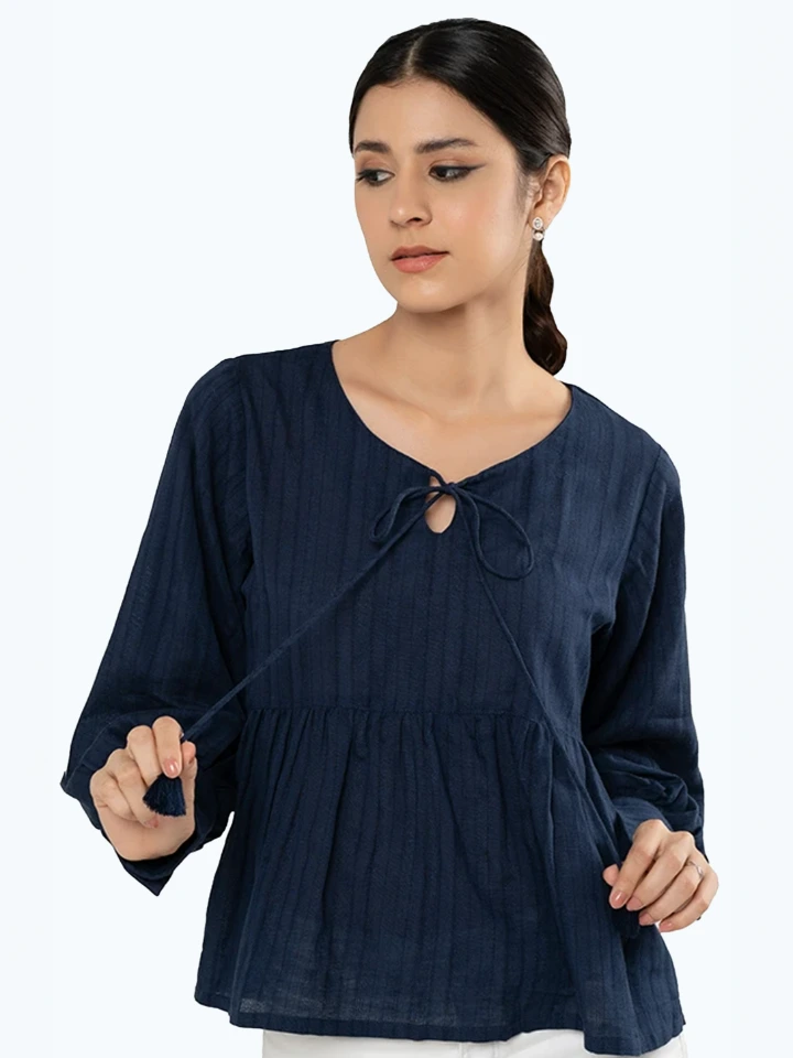 Blue Peplum Top With Bishop Sleeves