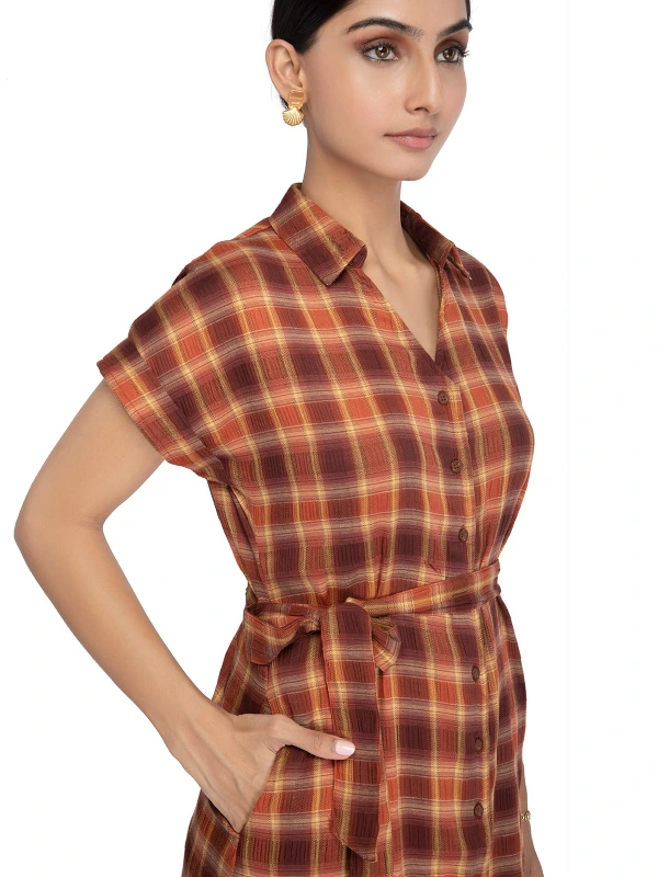 Brown Shirt Dress With Checked Pattern 5