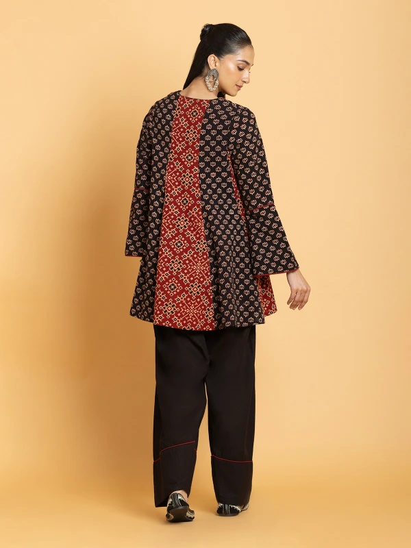 Multicolor Ajrakh Printed Flared Kurti With Farshi Kurta Set For Women 6
