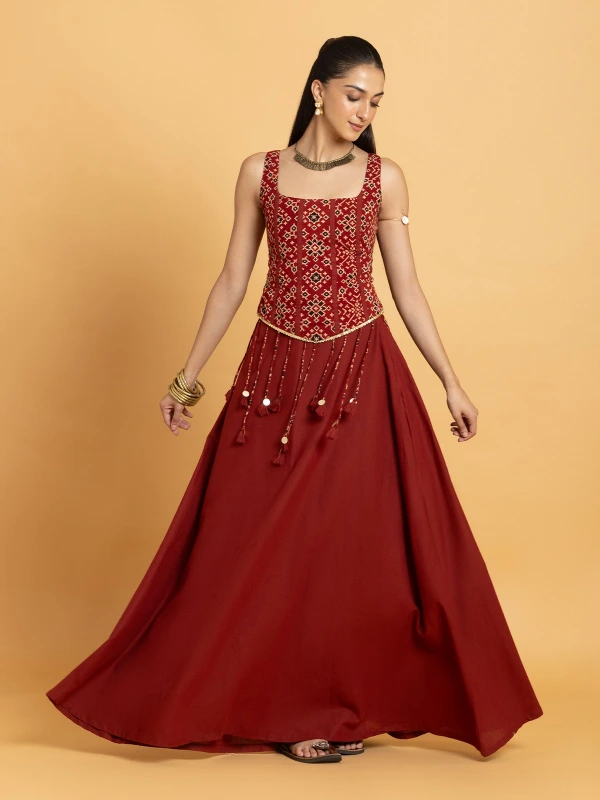 Maroon Printed Corset Top & A-Line Skirt Lehenga Set 2
