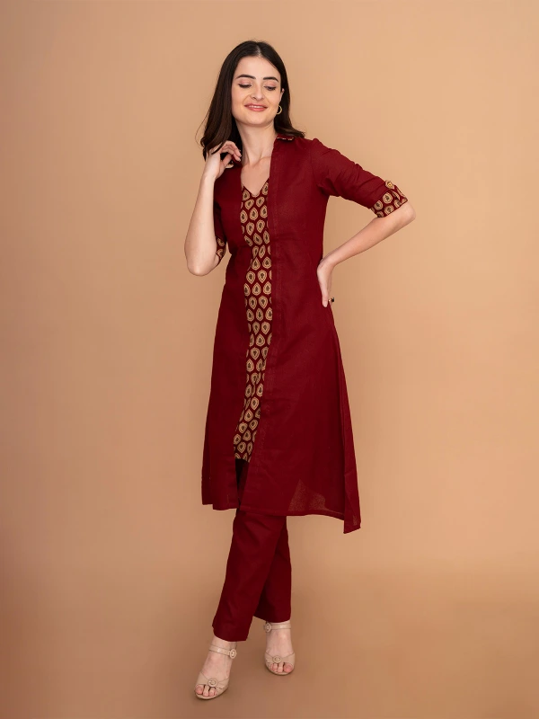 Maroon Printed Cotton A-Line Kurta 2