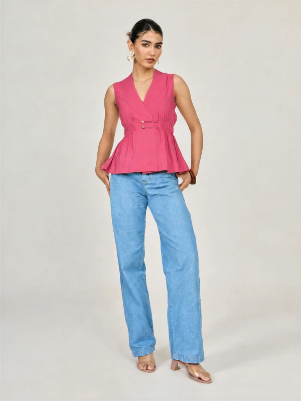 Pink Solid Sleeveless Wrap Top 2