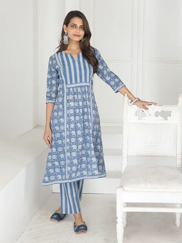 Blue Cotton Floral Kurta With Straight Pant Set 2