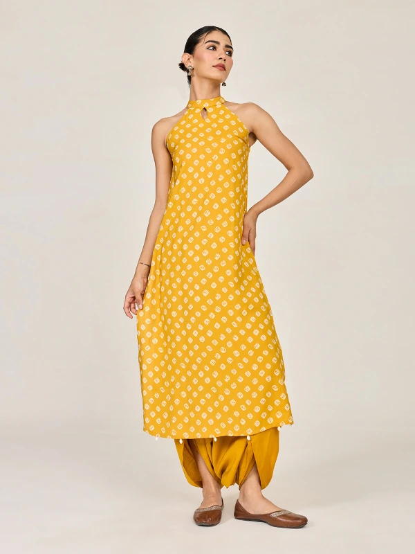 Yellow Bandhani Printed A-line Long Kurta 2