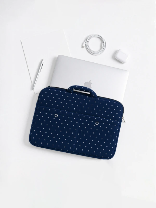 Navy Blue Diamond Print Laptop Sleeve Bag with Two Utility Pockets for MacBook 3