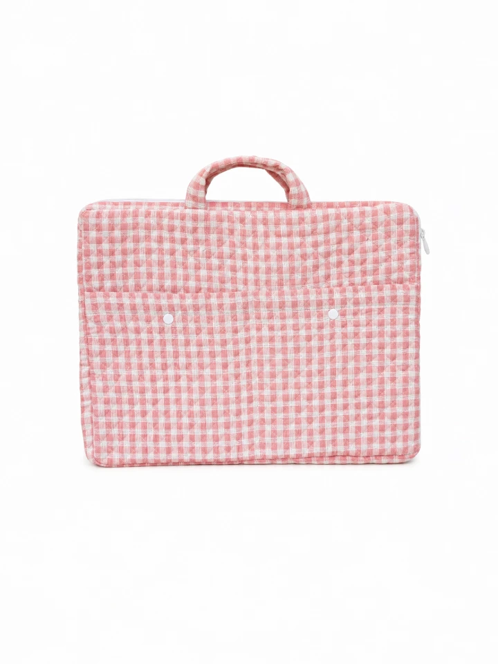 Light Pink Gingham Print Laptop Sleeve Bag with Two Utility Pockets for MacBook