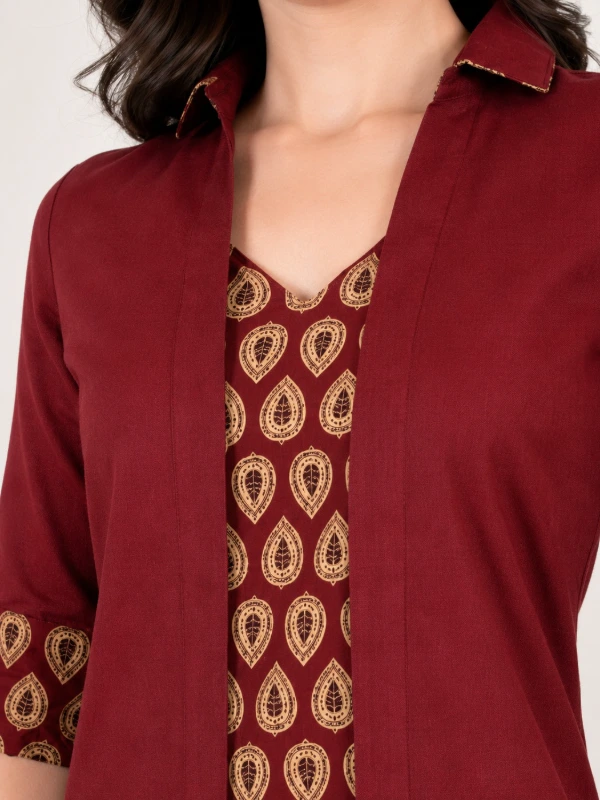 Maroon V-Neck Cotton A-Line Kurta 5