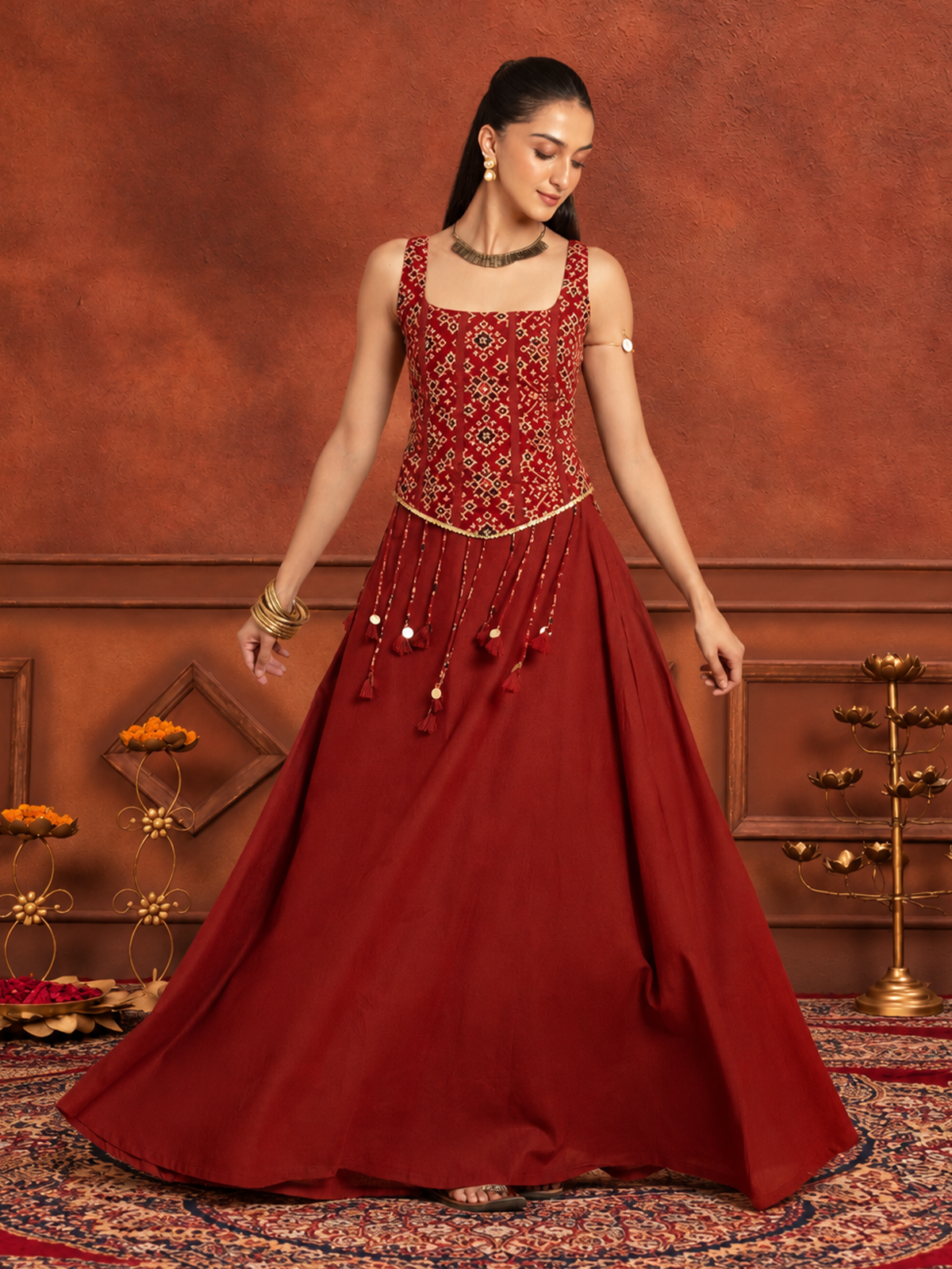 Maroon Printed Corset Top & A-Line Skirt Lehenga Set