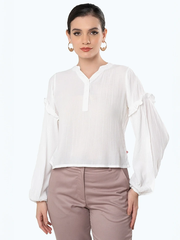 White Mandarin Collar Regular Fit Top