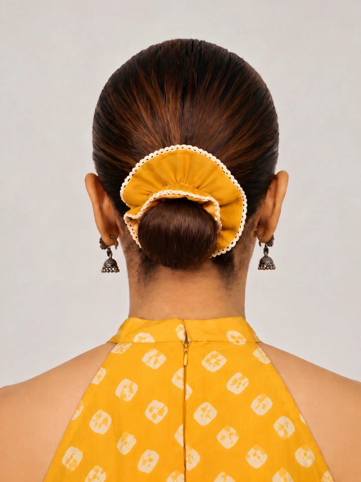 Mustard Yellow Double Layer Scrunchie With Lace Trim