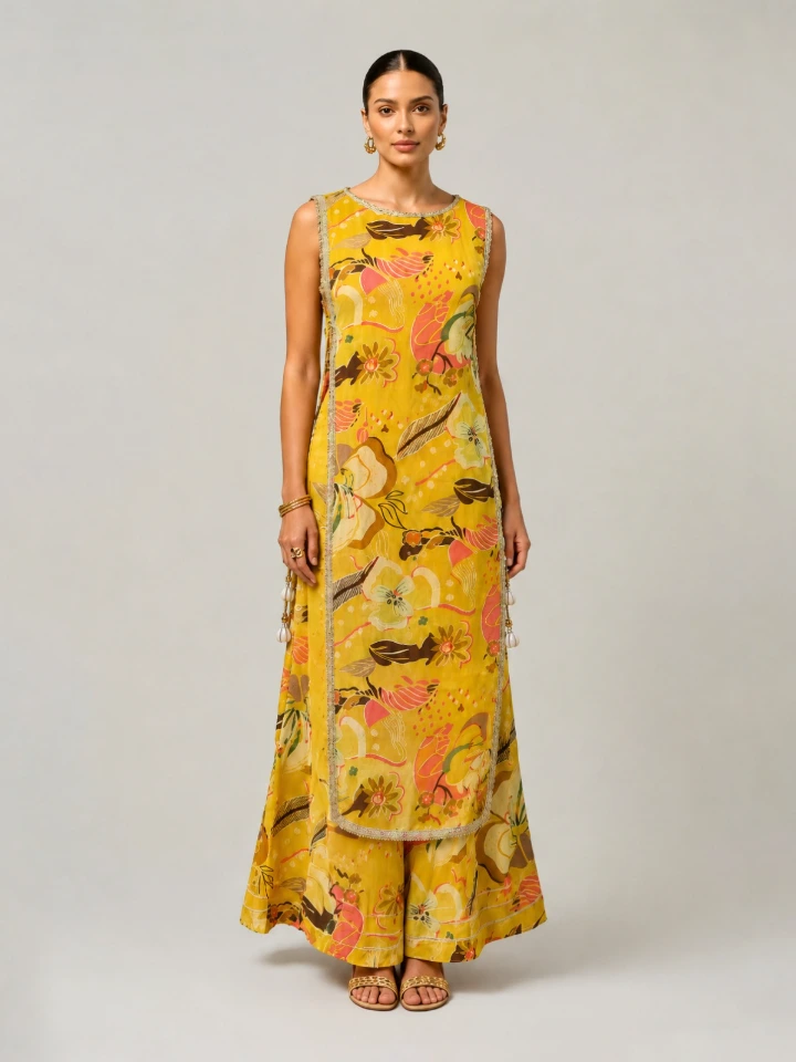 Yellow 3-Piece Ethnic Co-Ord Set With Kurti Crop Top and Flared Pants