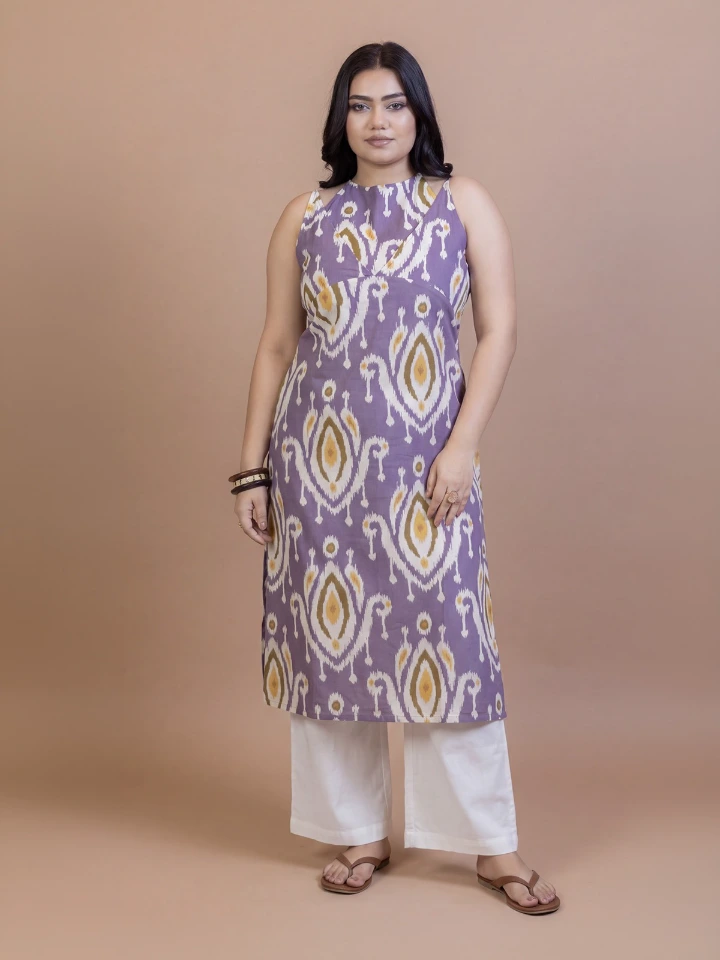 Purple Ikat apron neck cotton straight kurta